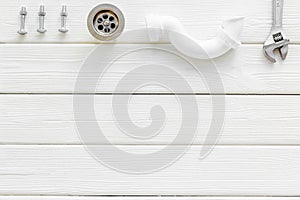 Plumber work with instruments, tools and gear on white background top view mock up