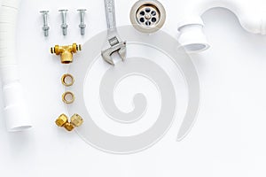 Plumber work with instruments, tools and gear on white background top view mock up