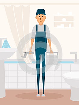 Plumber worker cartoon character. Male character standing in bathroom holding tool box and plumber wrench. Vector