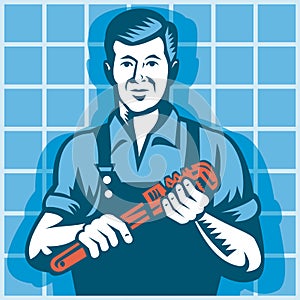 Plumber Worker With Monkey Wrench Retro