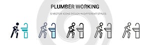Plumber working icon in filled, thin line, outline and stroke style. Vector illustration of two colored and black plumber working