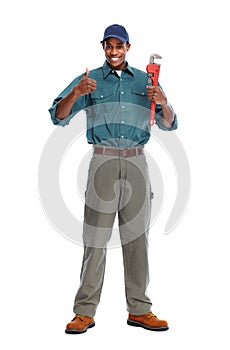 Plumber with a wrench isolated white background.