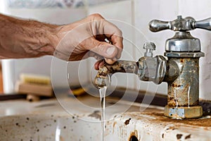 A plumbers hand dripping water from a broken faucet, examining the plumbing issue carefully, A plumber examining a broken faucet photo
