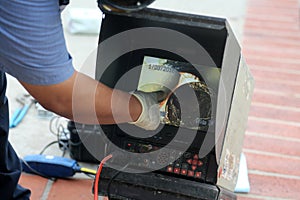 Plumbers sewer snake camera. a snake camera checks the inside of a sewer drain to make sure its clear of blockage and or damage. photo