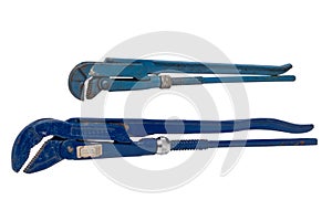 Plumbers tool isolated. Close-up of two adjustable blue pipe spanners, spanners, pliers or plumbers tools isolated on a white