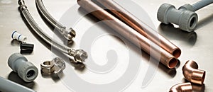 Plumbers Tools and Plumbing Materials Banner with Copy Space