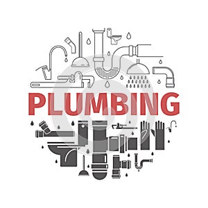 Plumbing banner. Line and flat icons. Vector signs for web graphics. photo