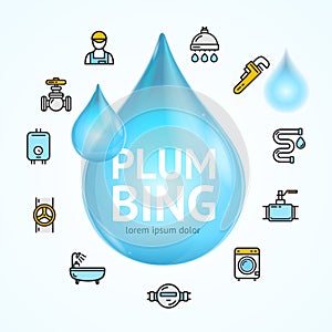 Plumbing Concept with Blue Water Droplet. Vector