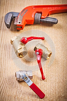 Plumbing fixtures and monkey wrench on wooden board