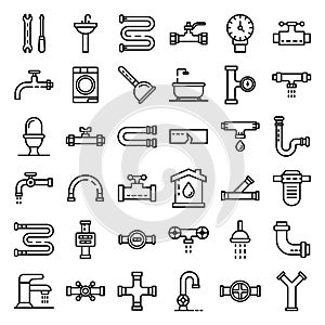 Plumbing icons set, outline style