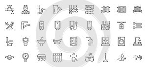 Plumbing line icon set. Plunger, dishwasher, pipeline, bathtub, faucet, sink, underfloor heating, pissoir minimal vector