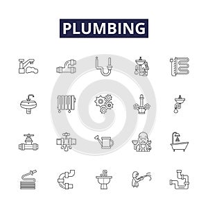 Plumbing line vector icons and signs. Leaking, Drainage, Toilets, Faucets, Sink, Basin, Bathtub, Fixtures outline vector