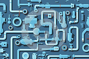 Plumbing pattern in blue color and flat design. Generative AI. photo