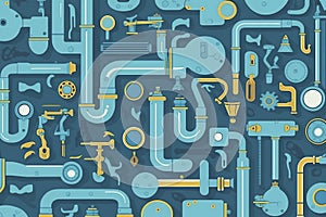 Plumbing pattern in green color and flat design. Generative AI. photo