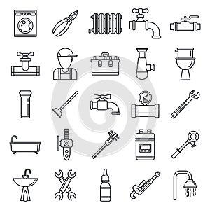 Plumbing repair icons set, outline style