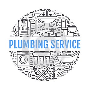 Plumbing service banner illustration. Vector line icons of house bathroom equipment, faucet, toilet, pipeline, washing