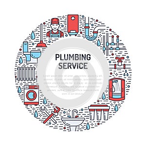 Plumbing service banner illustration. Vector line icons of house bathroom equipment, faucet, toilet, pipeline, washing