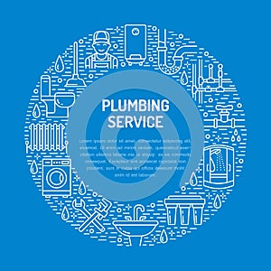 Plumbing service blue banner illustration. Vector line icon of house bathroom equipment, faucet, toilet, pipeline