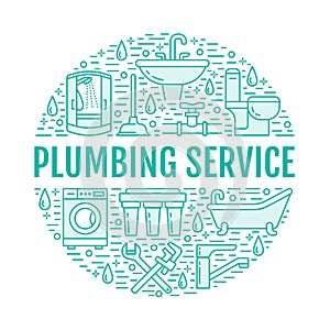 Plumbing service blue banner illustration. Vector line icon of house bathroom equipment, faucet, toilet, pipeline