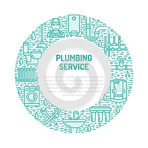 Plumbing service blue banner illustration. Vector line icon of house bathroom equipment, faucet, toilet, pipeline