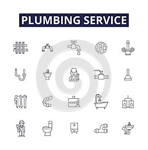 Plumbing service line vector icons and signs. Pipes, Fittings, Repair, Leaks, Clogs, Unblocking, Installation, Toilet