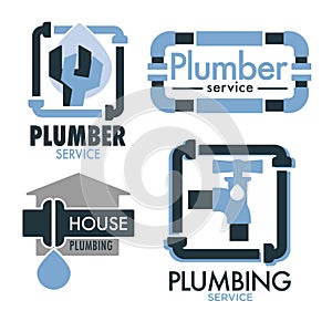 House plumbing service logo set with pipes and water droplet