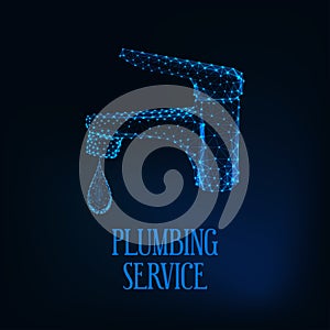 Plumbing service logo template with futuristic glowing low polygonal faucet with dripping water.