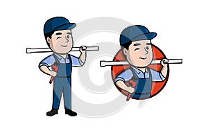 Plumbing service and maintenance logo design. Plumber Characters holding wrench and Suction Pump. Retro cartoon Vector