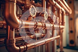 Plumbing service for modern heating system. Boiler room equipment - copper pipeline of a heating system. Generative AI