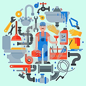 Plumbing service round vector illustration. Professional plumber man is standing surrounded by accessories, tools and