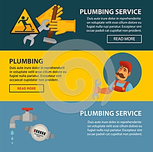 Plumbing service sewerage and leakeage repair vector web banners of bathroom toilet or kitchen plumber equipment