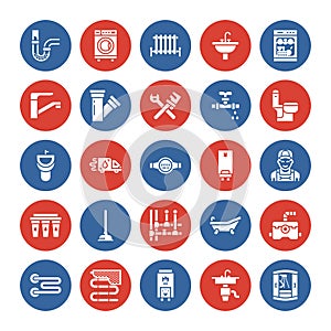 Plumbing service vector flat glyph icons. House bathroom equipment, faucet, toilet, pipeline, washing machine