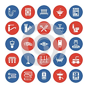 Plumbing service vector flat glyph icons. House bathroom equipment, faucet, toilet, pipeline, washing machine photo