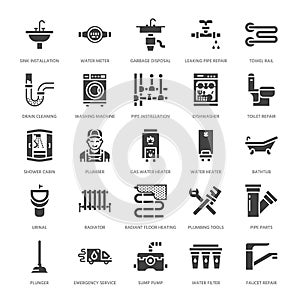 Plumbing service vector flat glyph icons. House bathroom equipment, faucet, toilet, pipeline, washing machine photo