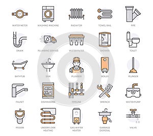 Plumbing service vector flat line icons. Bathroom equipment, faucet, toilet, pipeline leakage repair, dishwasher