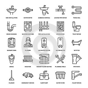 Plumbing service vector flat line icons. House bathroom equipment, faucet, toilet, pipeline, washing machine, dishwasher