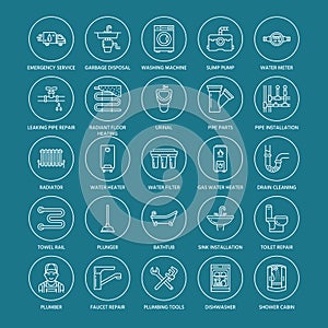 Plumbing service vector flat line icons. House bathroom equipment, faucet, toilet, pipeline, washing machine, dishwasher