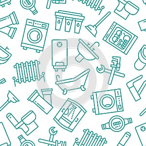 Plumbing service vector seamless pattern with flat line icons of house bathroom equipment, faucet toilet, washing