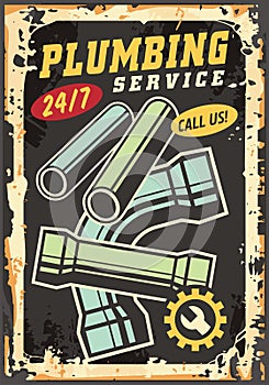 Plumbing service vintage sign with creative typography and water pipes