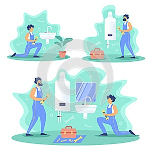 Plumbing Service Works Flat Vector Concepts Set