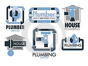 Plumbing services isolated icons, pipes and taps, leakage repair