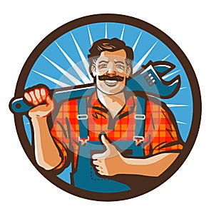 Plumbing services. plumber holding wrench. vector illustration