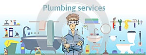 Plumbing services. Plumber man holding a wrench.