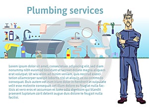 Plumbing services. Plumber man holding a wrench. Vector illustration with copy space, template for advertising flyer