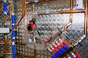 Plumbing services. Stainless steel piping of the heating system in the boiler room. Heating thermoregulation system