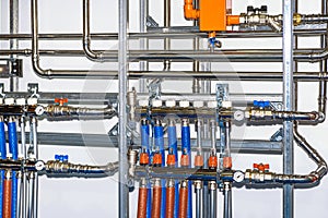 Plumbing services. Stainless steel piping of the heating system in the boiler room. Heating thermoregulation system
