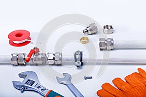 Plumbing services, tools and accessories on white background. Repair leak