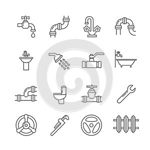 Plumbing, sewerage, pipe, faucet thin line vector icons set