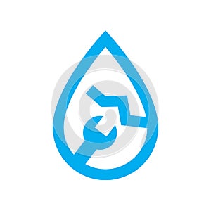 Plumbing water leak repair icon. Blue spanner and crack in water