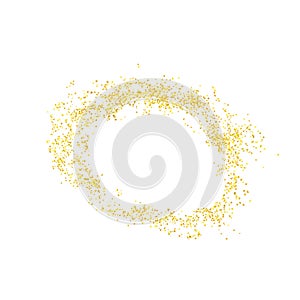 Plume golden abstract grainy oval, ellipse, round frame, circle crumbs gold. Texture ring dust. Magic sand, particles jewel.